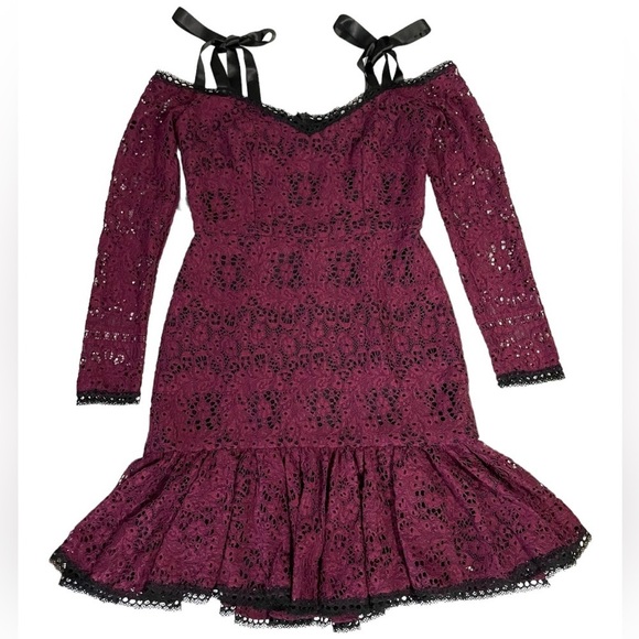 ALEXIS Sophia Dress Burgundy Lace tie strap large midi long sleeve purple - Picture 1 of 12